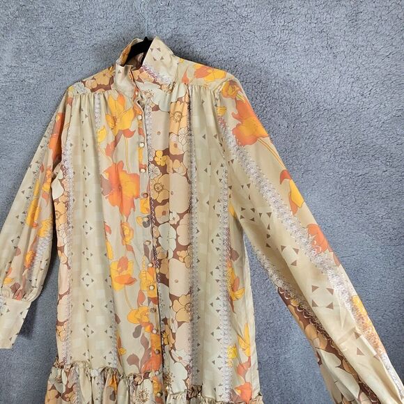 Beulah Style Floral Midi Dress OS Drop Waist Neutral Pastel Multicolor Peasant - Picture 3 of 10